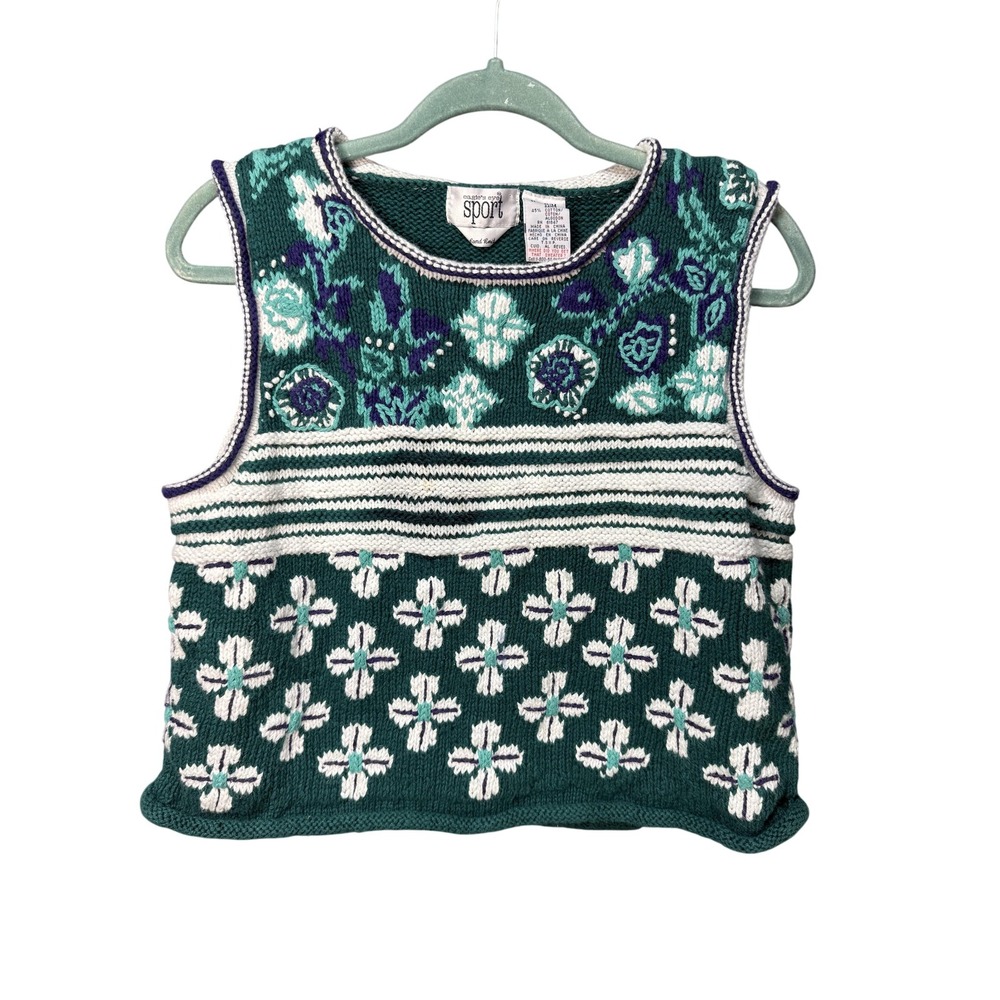 Eagles Eye Sport Sweater Vest Womens Medium Green Floral Knit Sleeveless Cropped